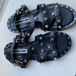 McQ black gladiator sandals with silver studs. 38/39